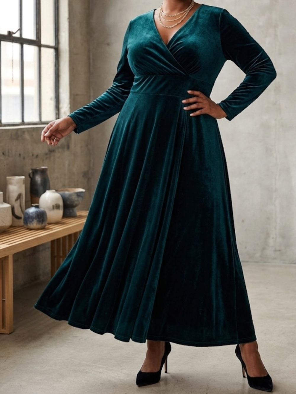 Urban CoCo Emerald Green Velvet V-Neck stretch Maxi Dress 2XL